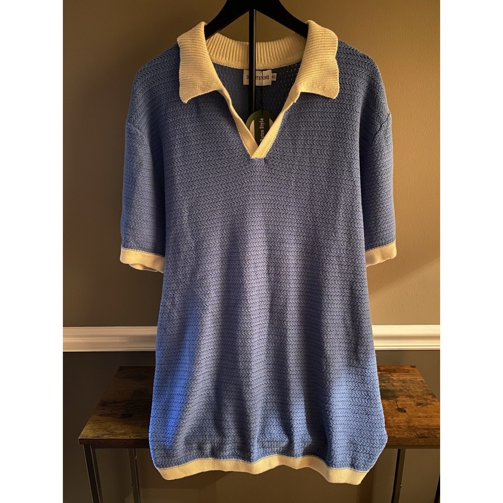 OXKNITSTORE Knit Polo Shirt Mens 4XL Blue Short Sleeve Collared V Neck Old Money